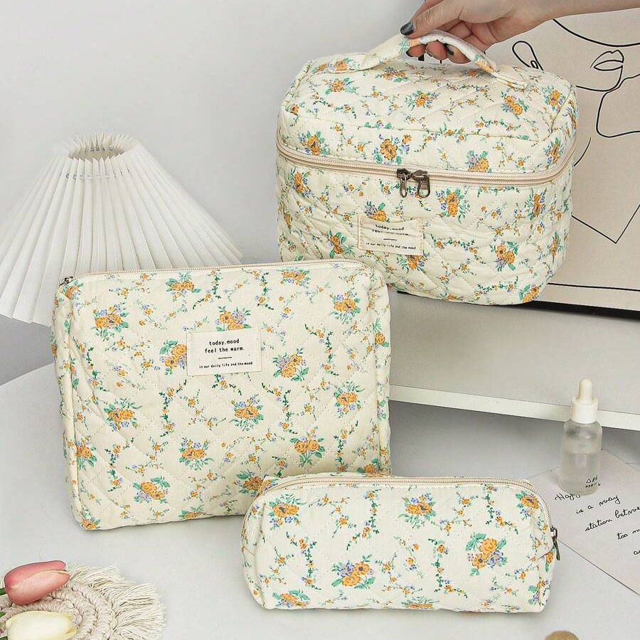Fashion Wholesale Customize Cosmetic Bags & Cases Pouch Skincare Set Packing Quilting Cotton Canvas Makeup Bag Cases