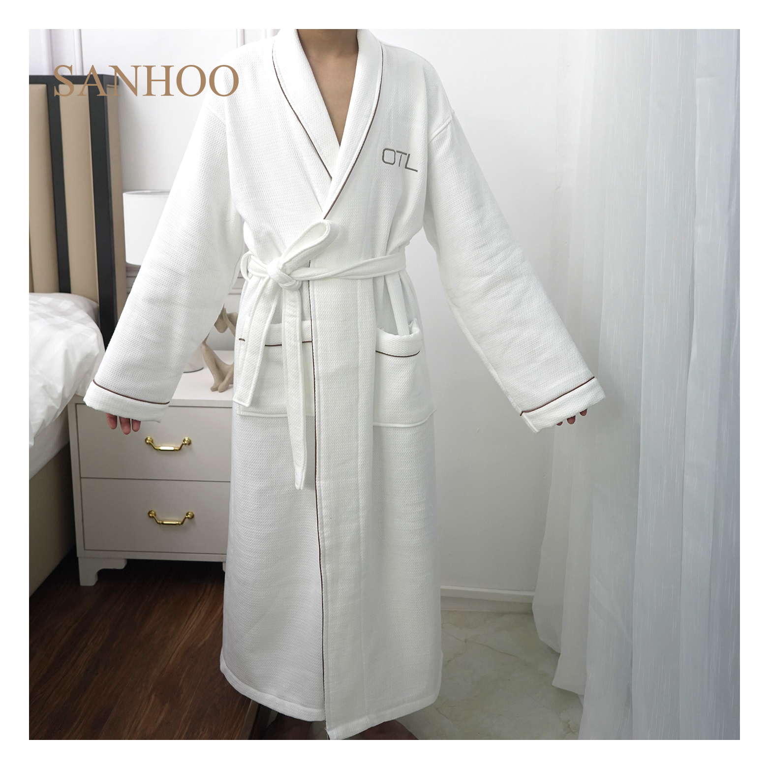 SANHOO Extra Long Shawl Collar White 100% Cotton SPA Velour Hotel Quality Men Bathrobe