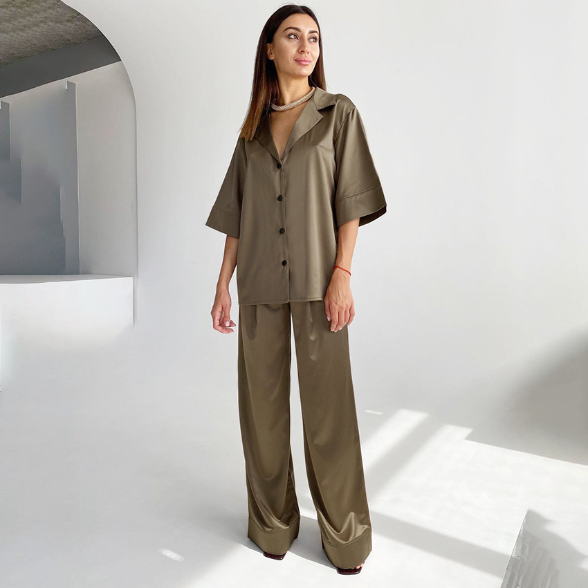 2022 custom logo satin suit collar solid color nightwear short sleeve trousers two piece set loungewear home comfortable pajamas