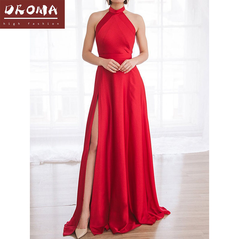 Droma high fashion ladies banquet wear elegant high split maxi length halter backless royal dress