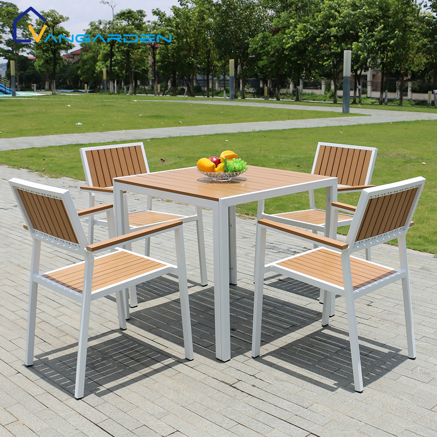 Modern Plastic Teak Wood Aluminium Frame Balcony Chairs and Table Set Outdoor Living Garden Camping Weatherproof Furniture
