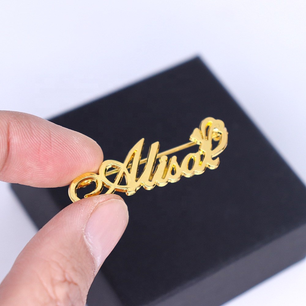 Custom 18k gold plated simple metal English brand brooch DIY letter name lapel pins