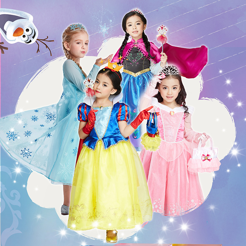 Disney Princess Aurora Snow White Dress Frozen Elsa Anna Dress up Halloween Cosplay Costume With Crown Wand Bag
