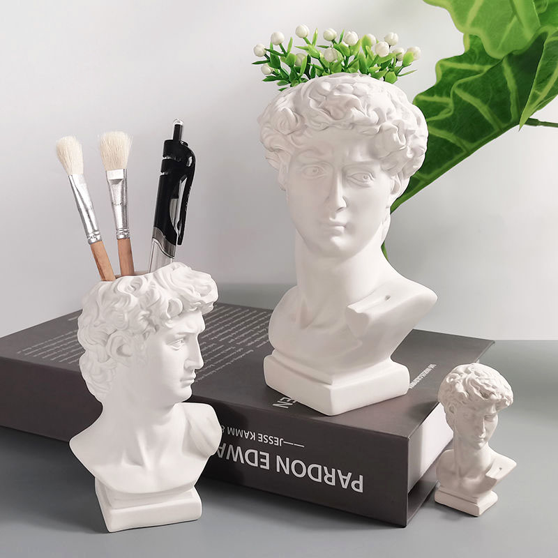 Factory Hot Sale European Home Decoration Art Sculpture Nordic Face Resin Vase Flower Makeup Brush Holder David Head