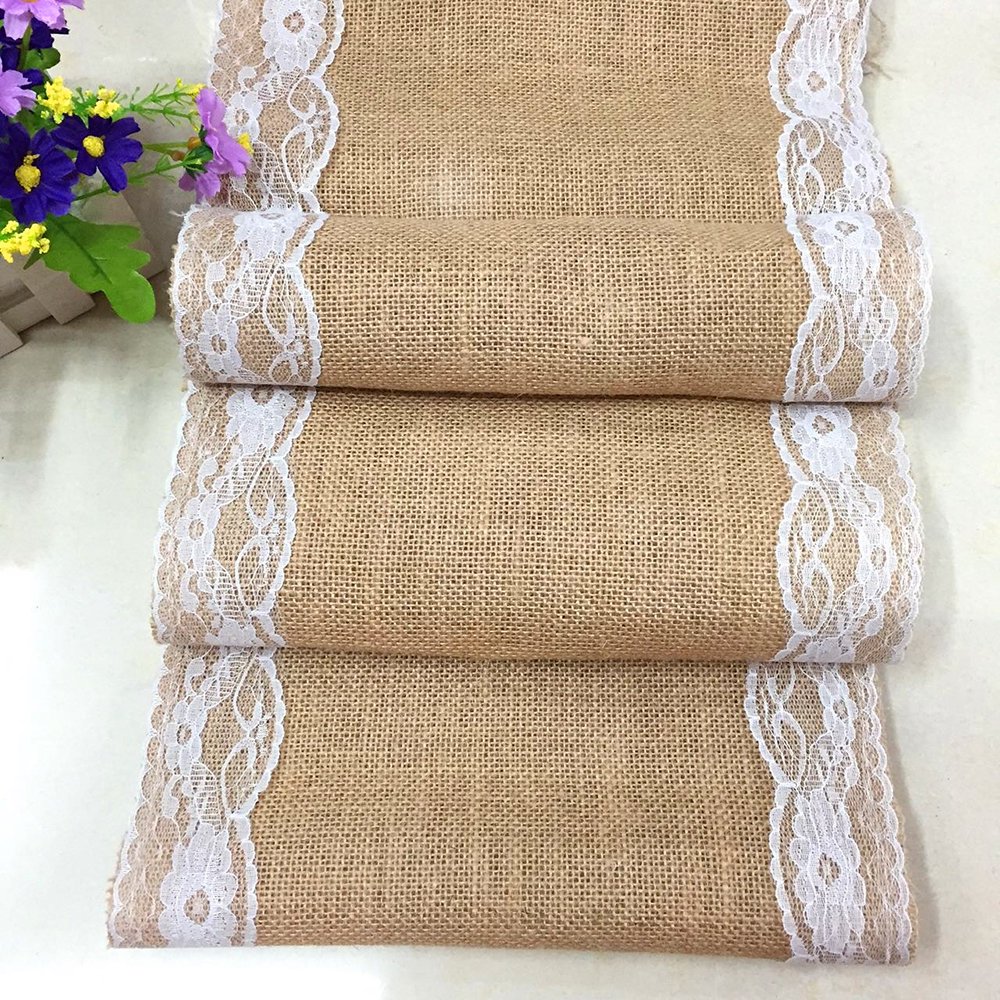 JIAHE 30 см x 275 см винтажная деревенская джутовая скатерть с кружевом, скатерть из джута, скатерть для стола
