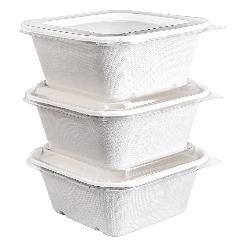 Низкая цена одноразовые чаши биоразлагаемые bagasse посуда квадратная чаша с крышкой