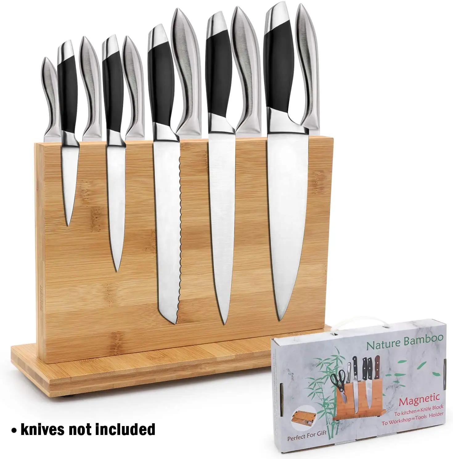 Magnetic Knife Block Natural Bamboo Knife Stand Holder with Strong Magnets Double Side Cutlery Display Stand and Storage Rack