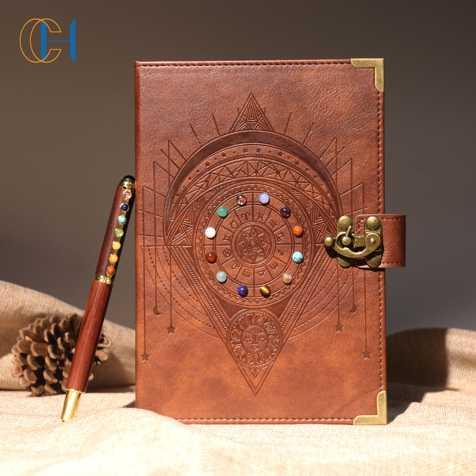 Astrology Witch Spiritual Handmade Zodiac Journals Gemstone Infused Embossed Leather Book