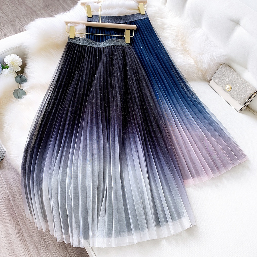 Star Gradient Color Net Yarn Skirt Female 2021 Autumn And Winter Glitter Tulle Pleated Skirt Fairy Thin A-Line Skirt