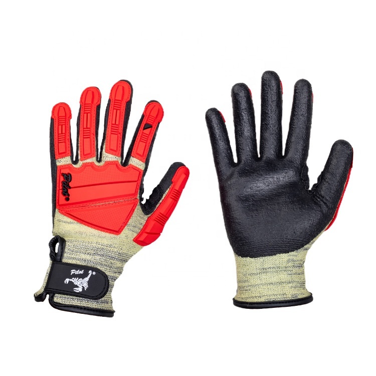 Aramid and Glass Fiber Anti-Impact Safety Gloves Foam Nitrile Palm Red TPR Back and Fingers Mechanical Protective Anti-Cut