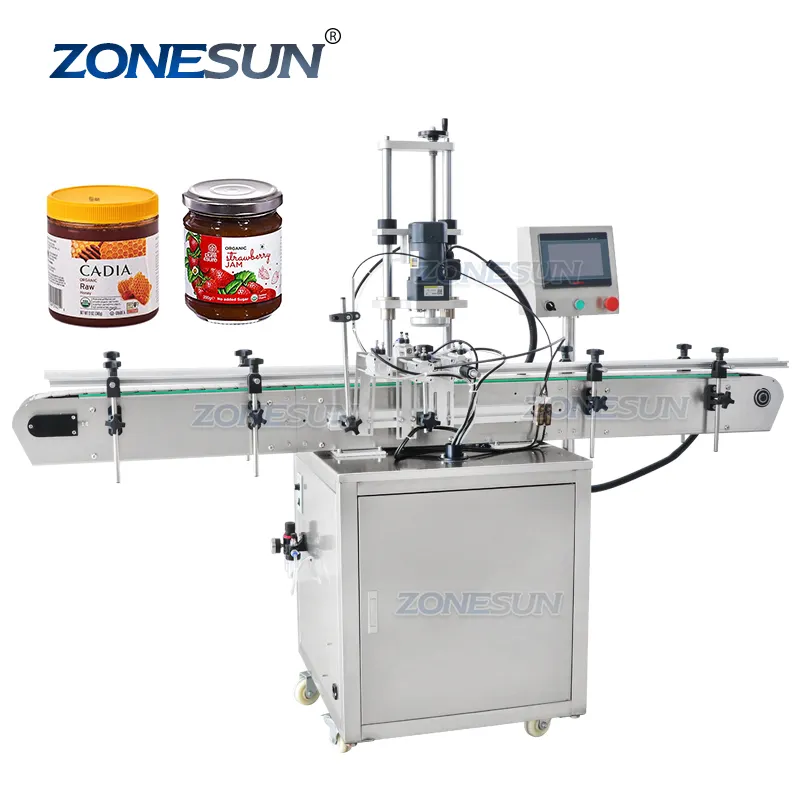 Twist Off Capping Machine ZONESUN Automatic Pepper Chilli Sauce Curry Paste Glass Jam Jar Round PET Bottle Metal Twist Off Lid Caps Screw Capping Machine
