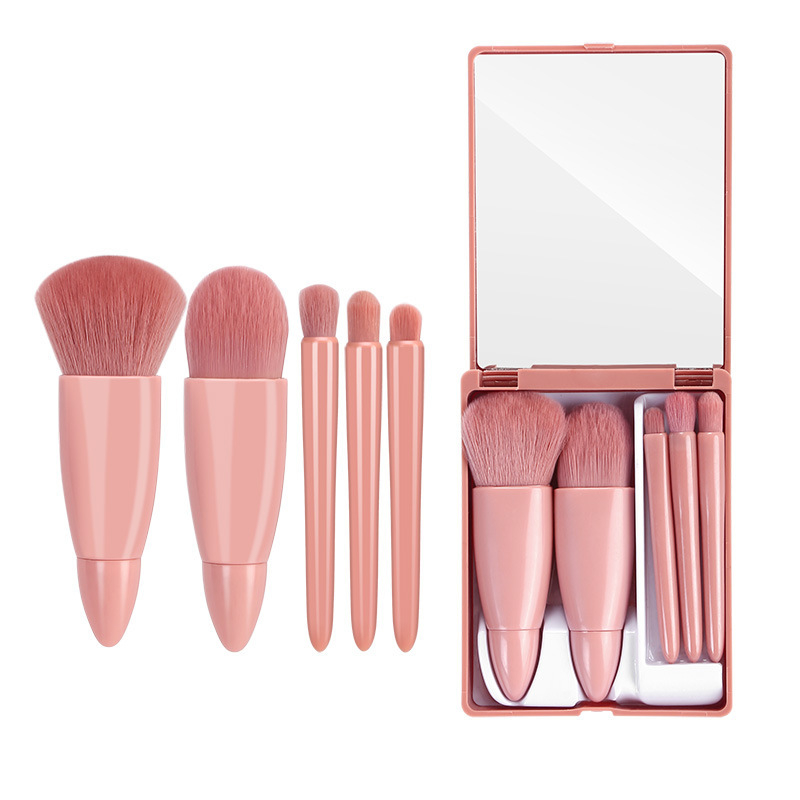 5PC Small Make Up Brushes Travel Size Portable Mini Makeup Brush Mirror Set With Case Hot Pink