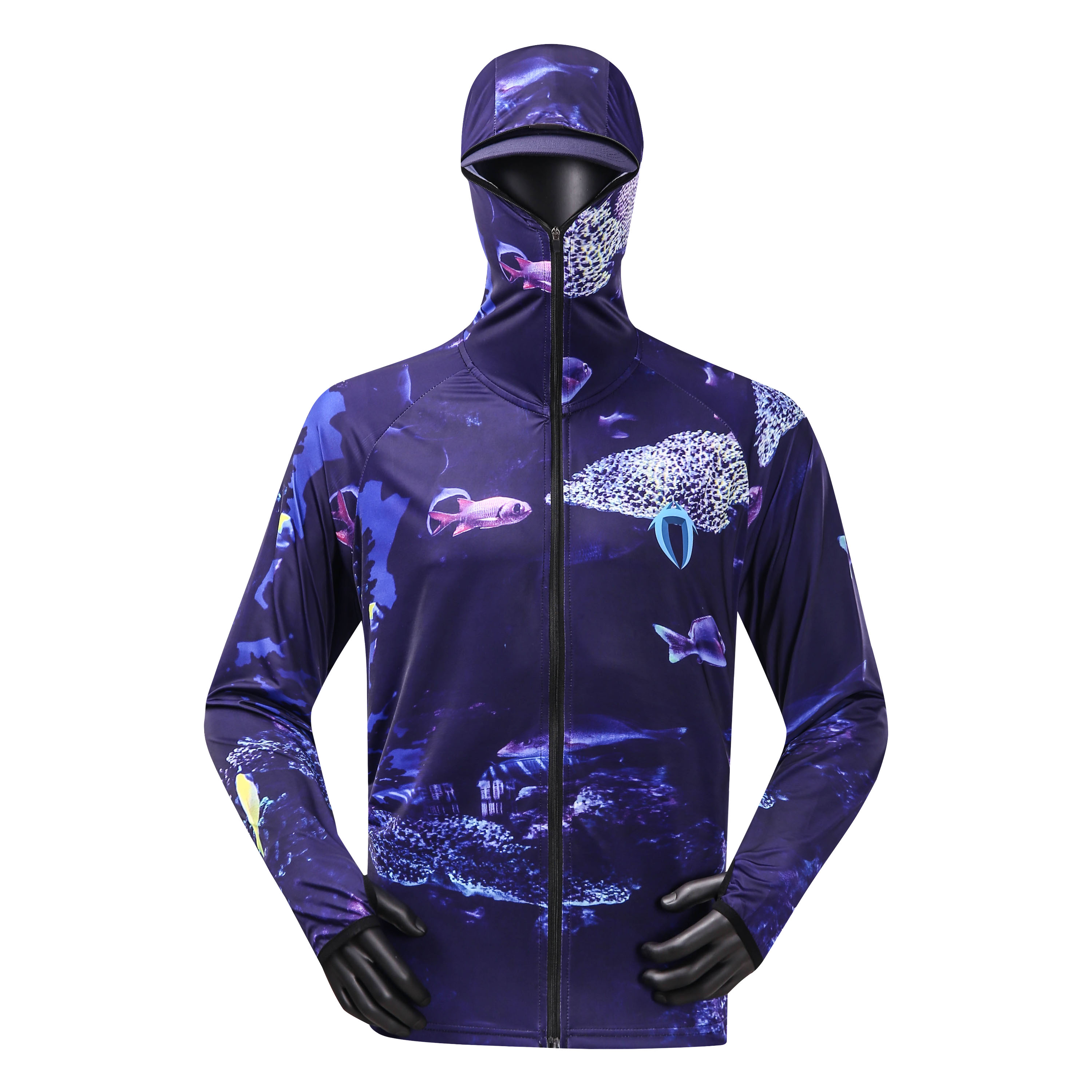OEM Sublimation Printed Fishing Wear Long Sleeve UPF50 Men's Hooded Fishing T Shirt With Face Cover