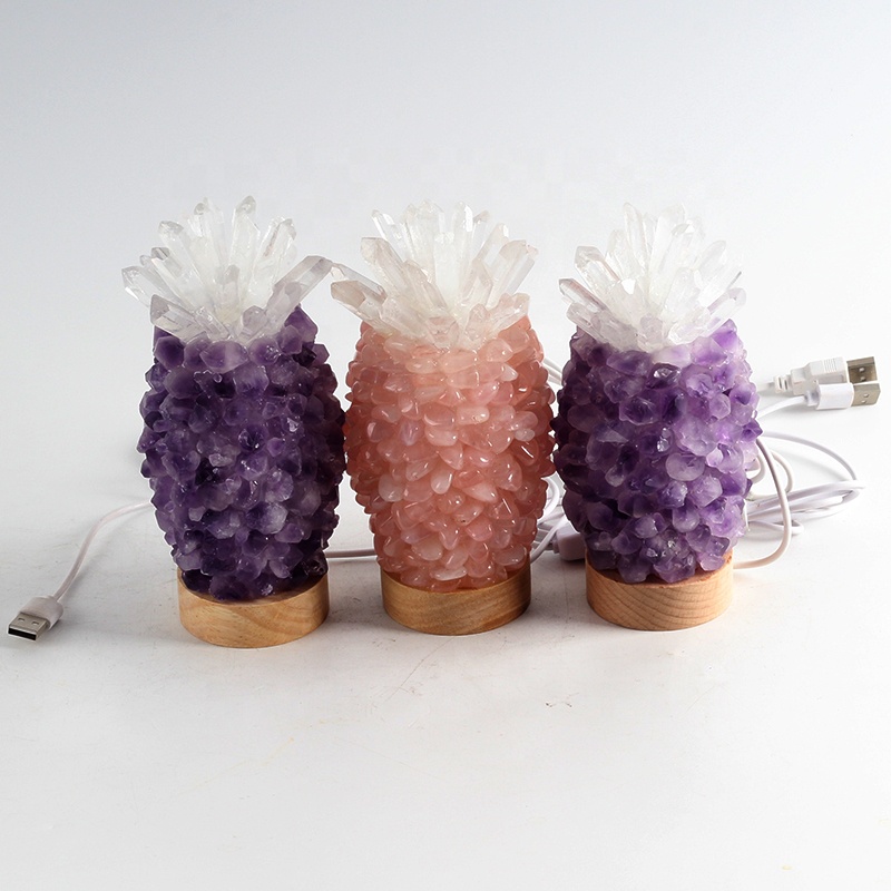 High quality handwork desk light pineapple natural crystal raw rough stone USB charging table lamps decorative room