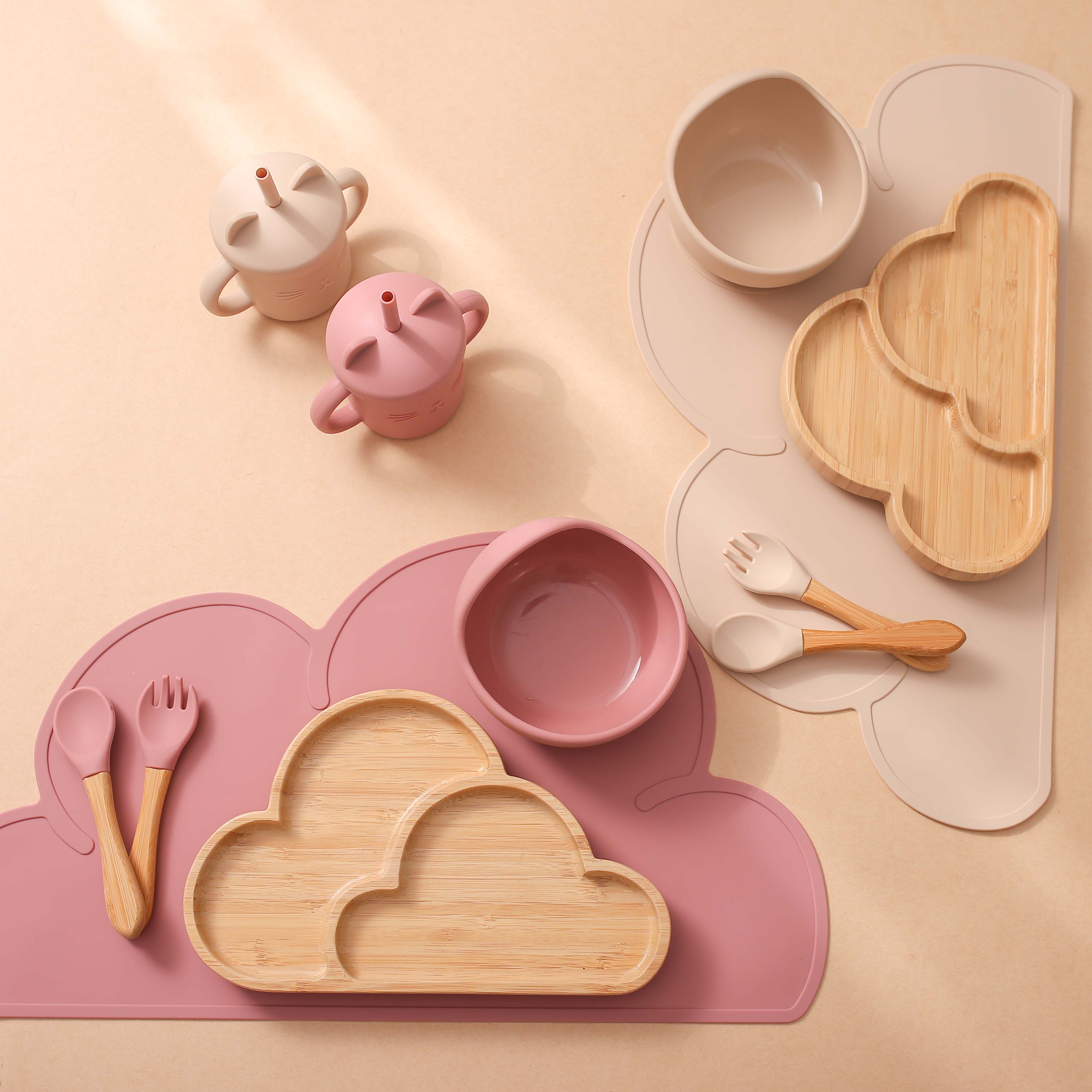 6 IN 1 Baby Products Silicone Table Mat Plate bowl Spoon Fork Sippy Cup Cloud Tableware Baby Feeding Sets Baby Dining Set