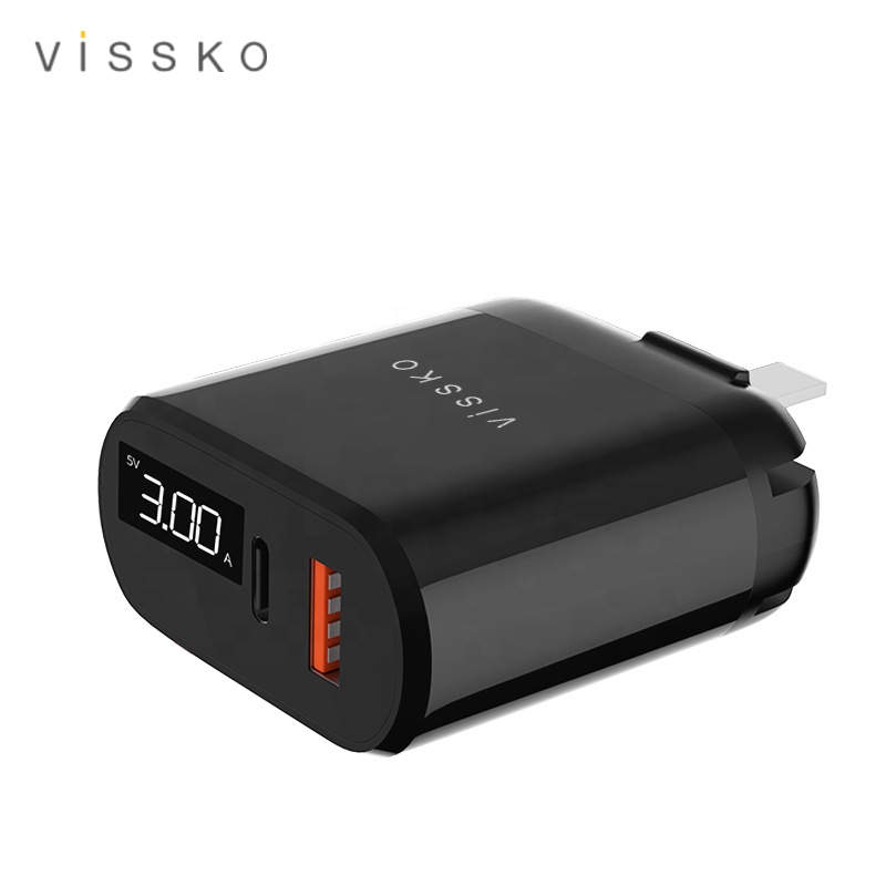 Быстрое зарядное устройство с двумя портами для мобильного телефона Vissko с цифровым дисплеем QC PD 18 Вт