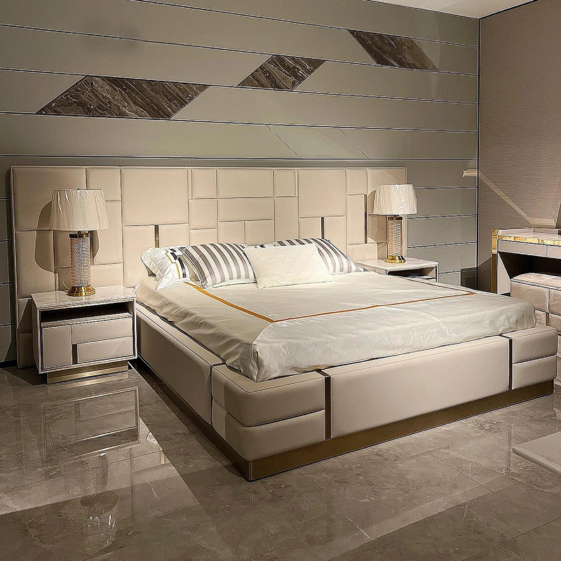 High-end Master Modern Leather Upholstered Design Home Furniture King Size Bed Luxury Bedroom Sets