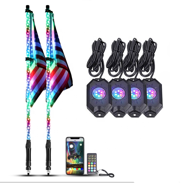 300 Patterns 4FT LED Whip Light With 4 Pods Rock Light Kit Color By app And Sync Remote Control For ATV UTV RZR Buggy