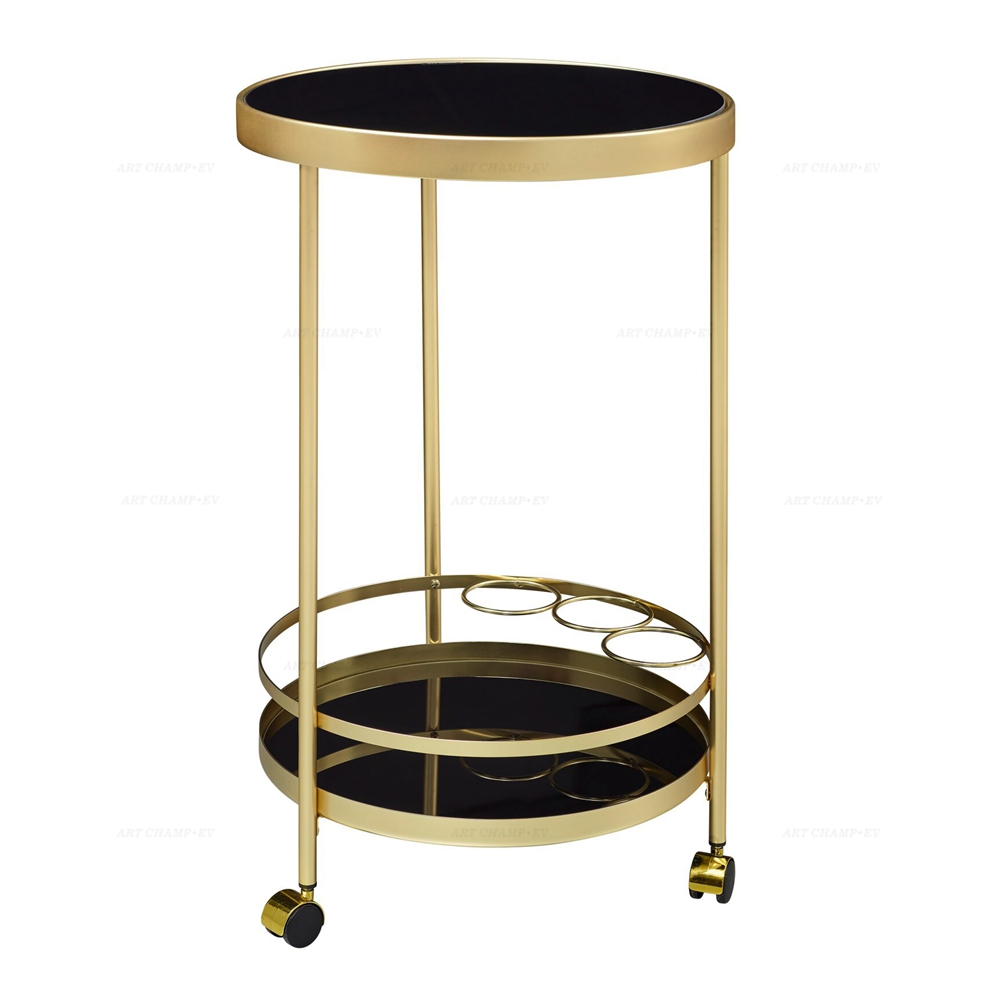 Hotel Serving Trolley Wine Rack Round Modern Black Clear Glass Gold Bar Cart