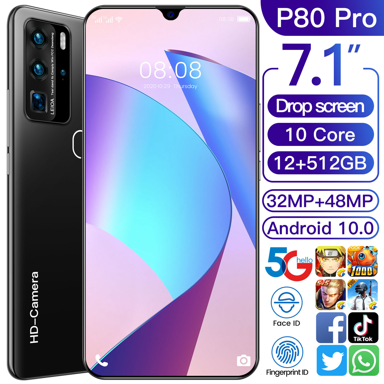 Оригинальный разблокированный смартфон P80 PRO mate 10, 7,1 дюйма, 12 Гб + 512 ГБ, 4G мобильный телефон