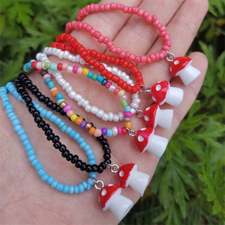 European and American rice bead necklace female cute mushroom pendant color rice bead personality woven pendant jewelry