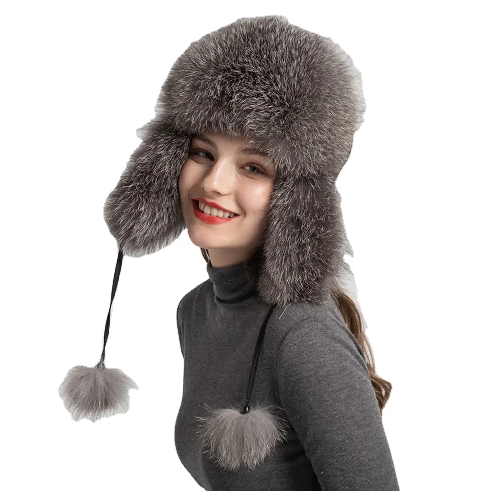 2021 Wholesale Real Fur Hat Fox Raccoon Fur Pompom Hat Fabric Winter Fur Hat Women