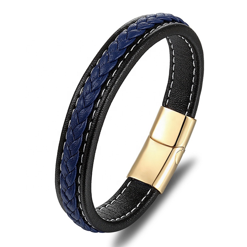 New style stainless leather bracelet men's popular magnetic buckle black leather rope jewelry