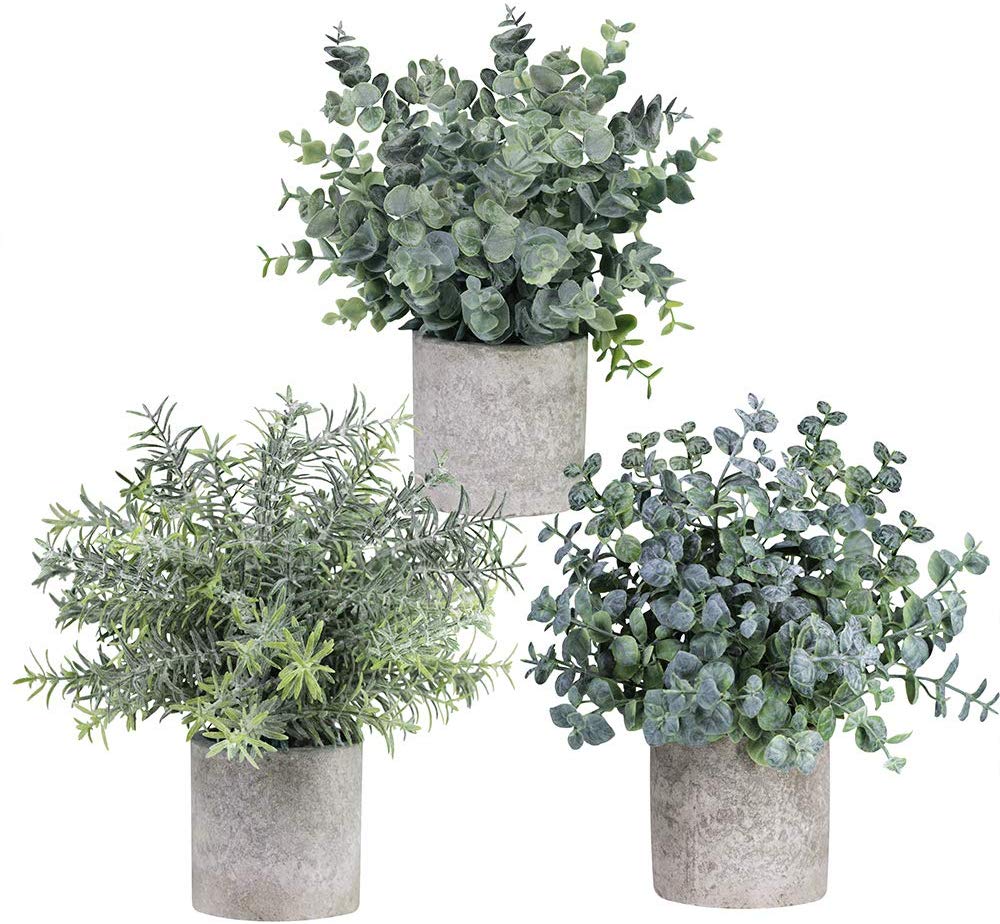 Set of 3 Mini Potted Artificial Eucalyptus Plants Plastic Faux Green Rosemary Plant for Home Decor