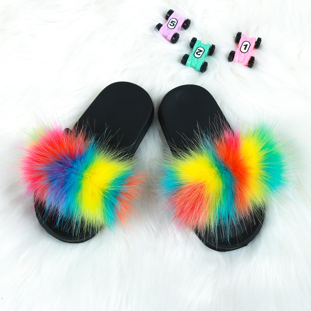 New popular style children fox fur slipper wholesale kids baby fur slides flops for children