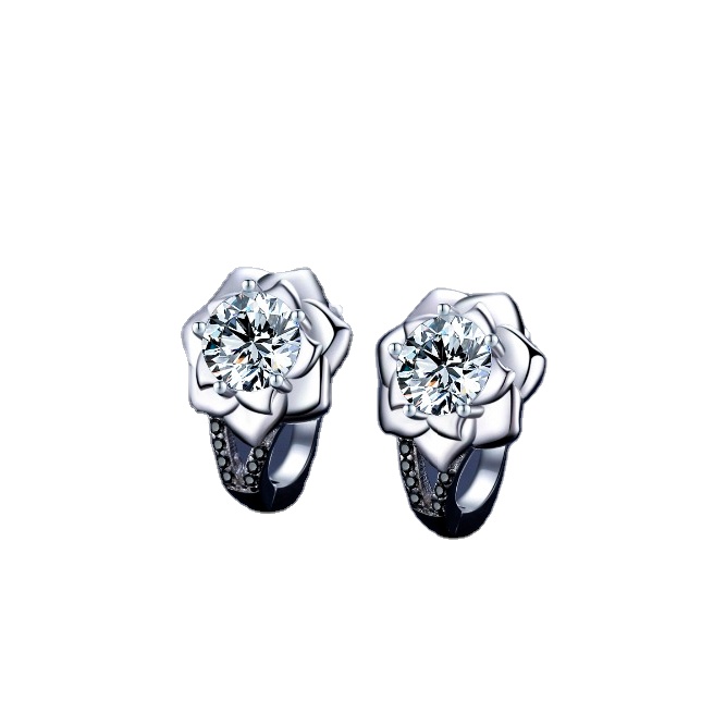 925 Sterling Silver Round Black Trendy Spinel Engagement Flower Hoop Earrings for Women Fine Jewelry