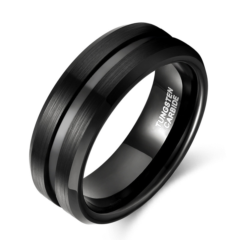 Hip Hop 8mm Black Tungsten Carbide Ring With IP Plating Mens Wedding Band Titanium Material Brushed Dark Inlay Ring