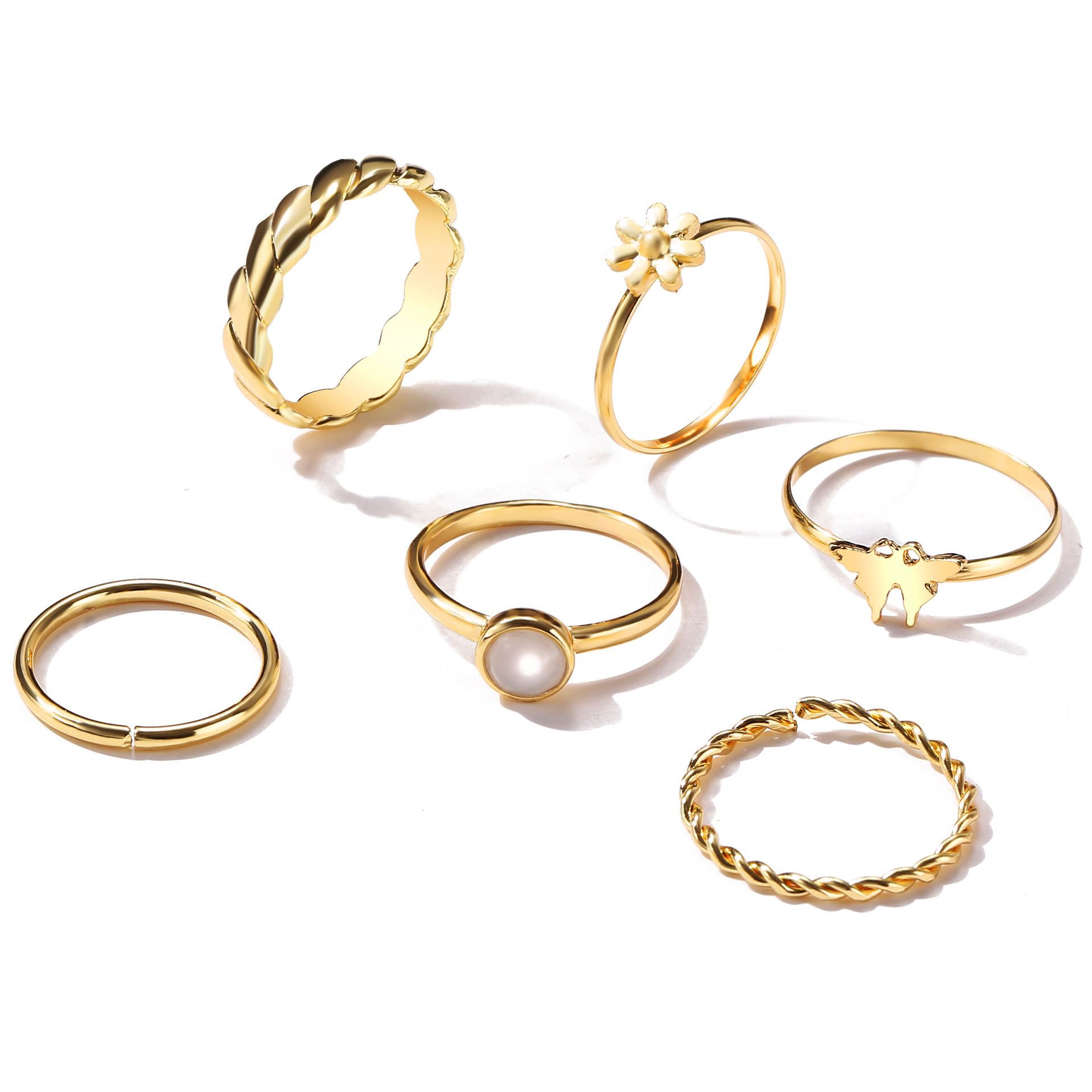 Korean Style Different Size Gold Plated Pearl Finger Ring Simple Design Flower Butterfly Ring Set