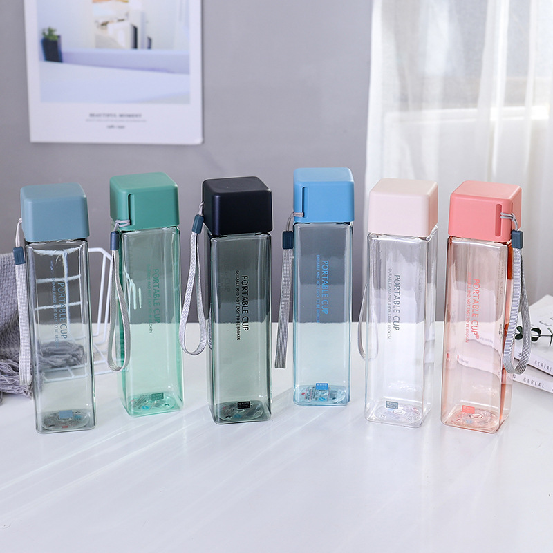 500ml Transparent square plastic leak-proof fruit juice water bottle with lanyard