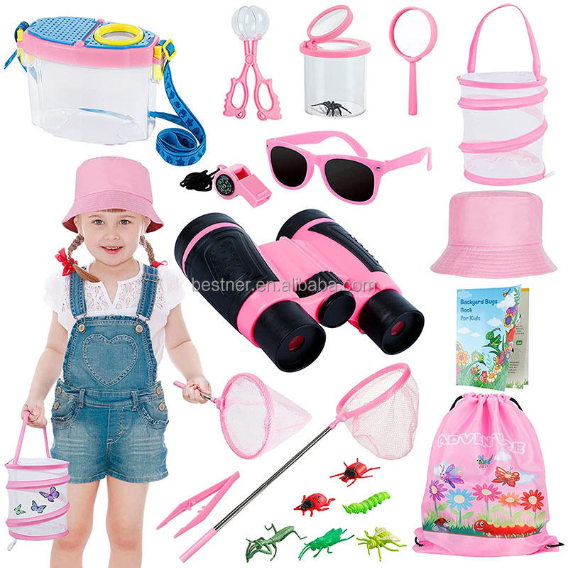Bestner Custom Outdoor Explorer Kit Bug Catching Kit Nature Exploration Kit with Magnifying Glass Butterfly Net Great Toys Pink
