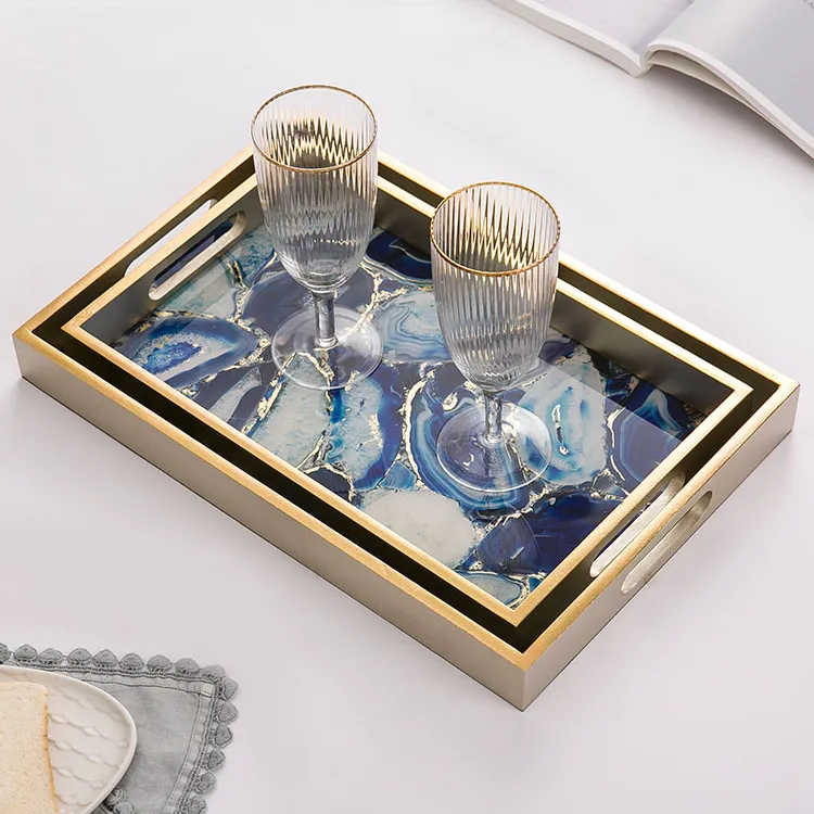 Luxurious art nouveau wooded glass printed blue agate serving tray