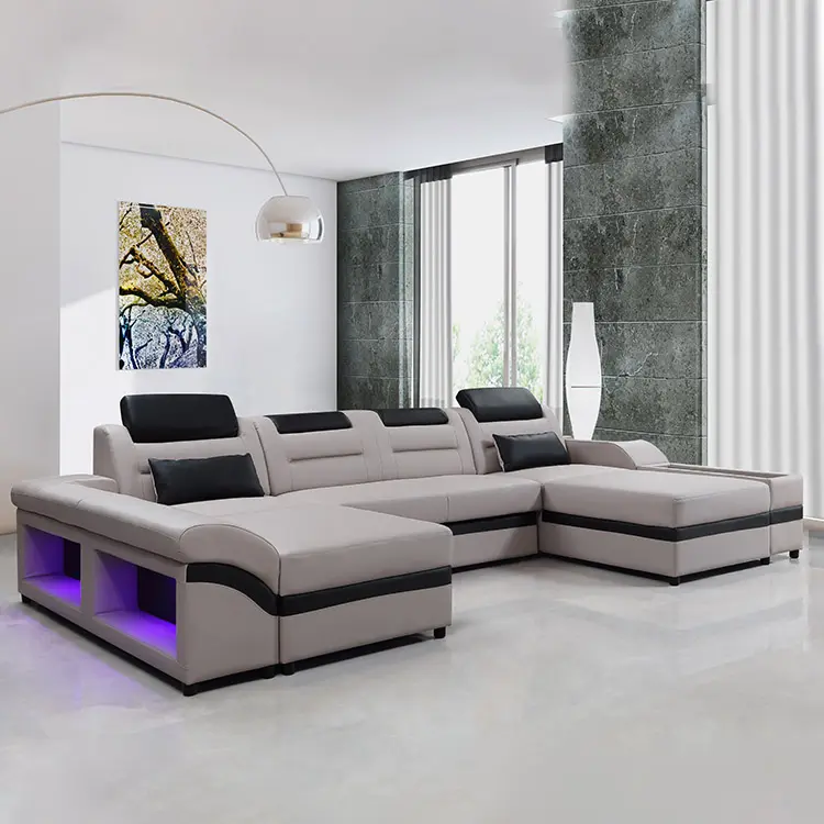 Modern LED Living Room Furniture Sofa Set Genuine Leather Living Room Sofas