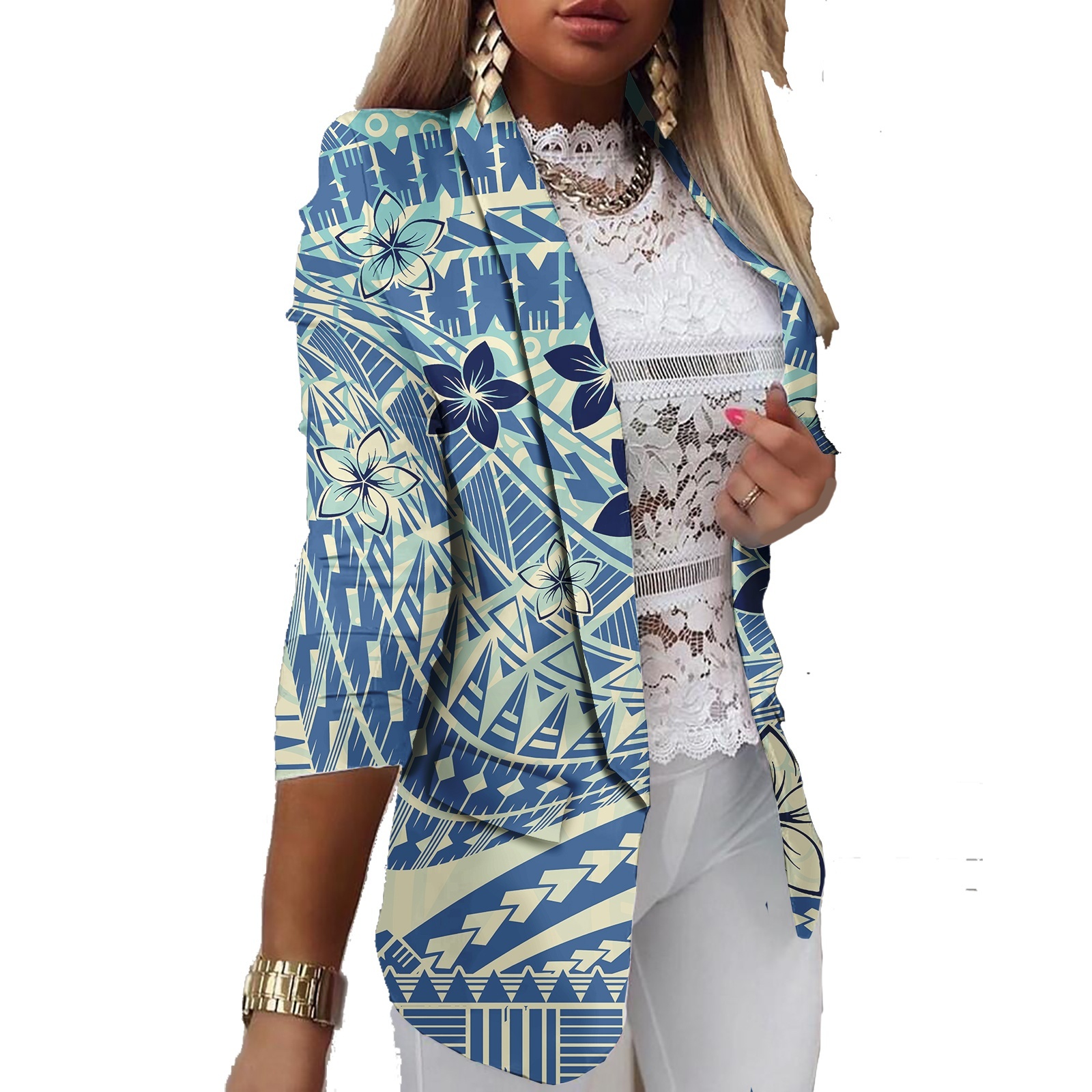 New Style Polynesian Elei Tribal Print Double Breasted Woman Casual Blazer Notched Collar Long Sleeve Women Blazer And Suit