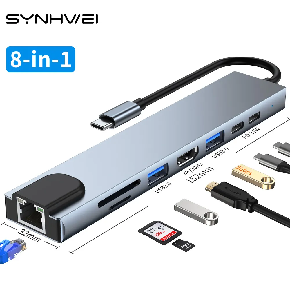 Computer Hardware & Software 8 in 1 usb 3.0 hub for laptop pc pd adapter charge ports dock station rj45 HDMI-4K tf/sd card macb