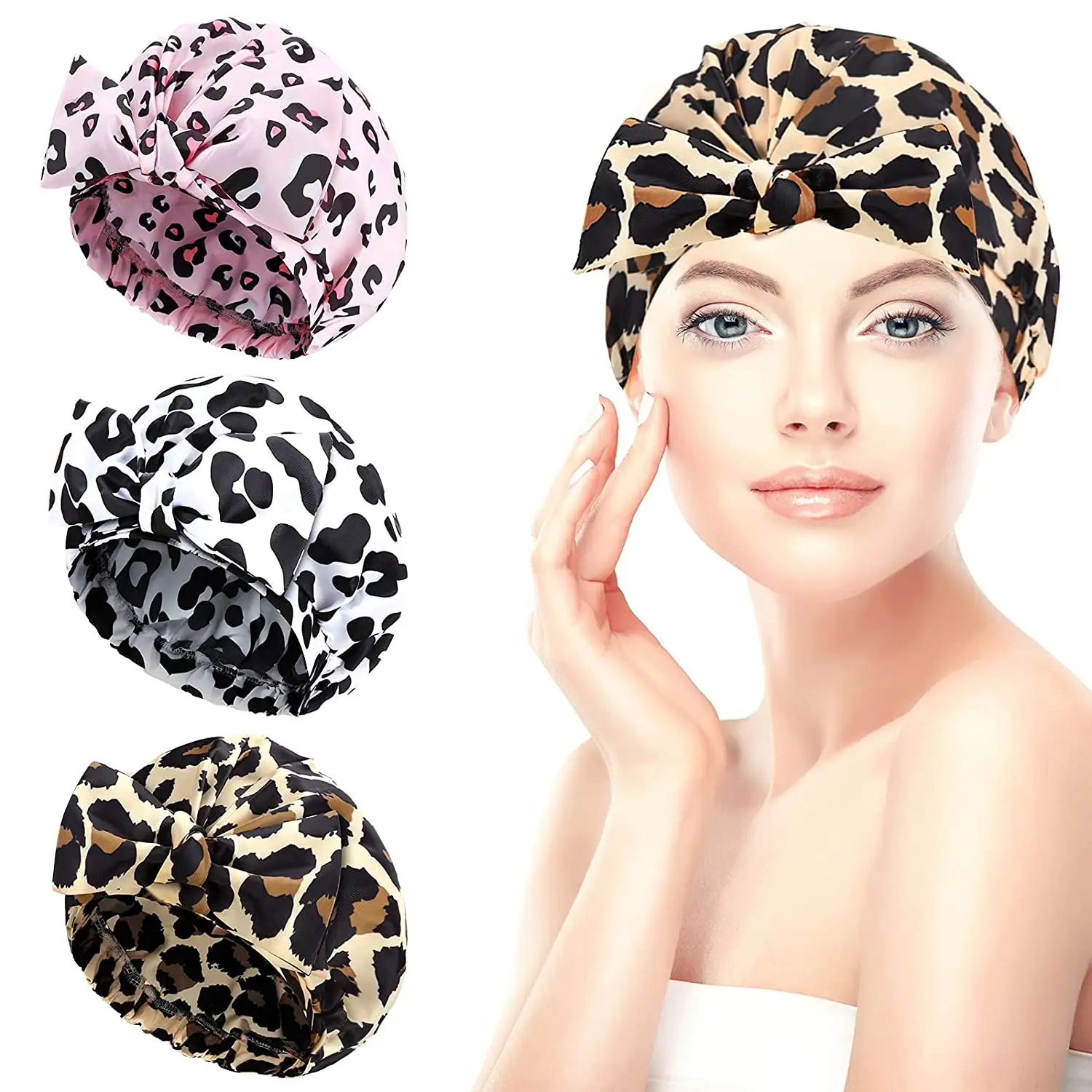 Custom Leopard Print New Luxury Adjustable Bow Waterproof Shower Cap For Women With Long Curly Hair