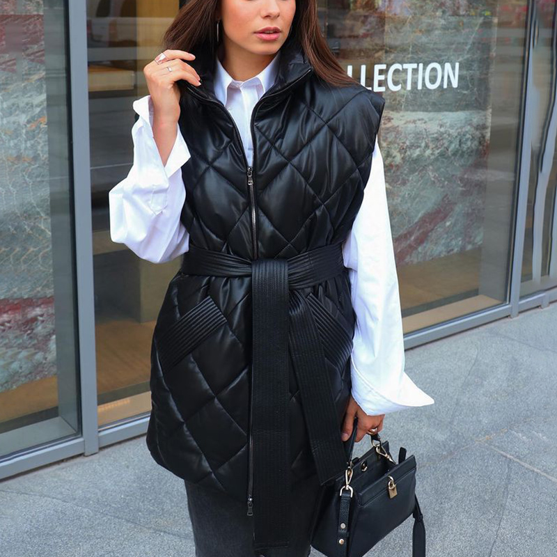 Wide Shoulders Vests Women Elegant Stand Collar Black PU Leather Coats Women Argyle Cotton Vests Ladies