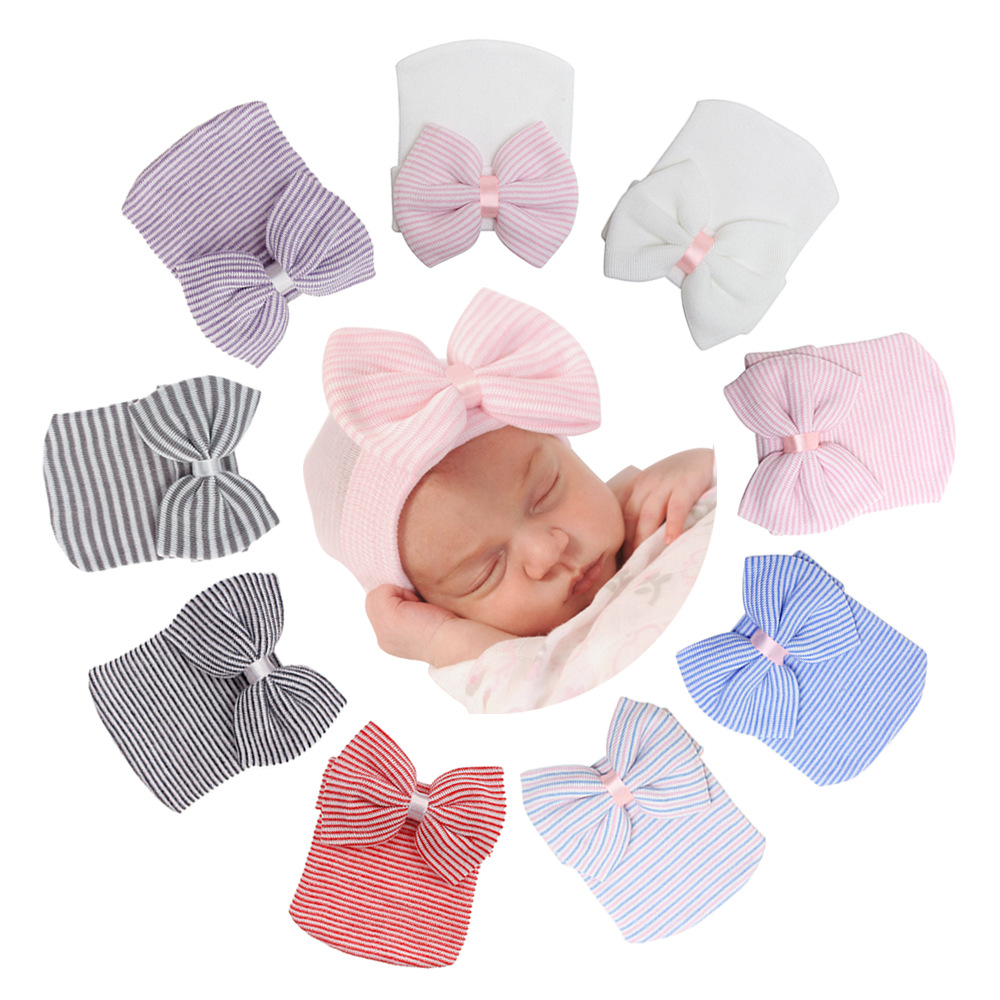 Hot Sale Fashion Wholesale Newborn Bonnet Infant Beanie Cotton Plain Caps Big Bow Striped Knitted Baby Hats