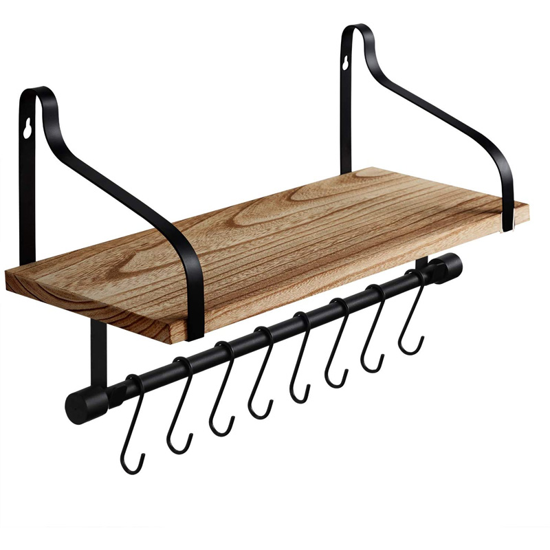 Kitchen Coffee Shelf Wall Mounted with 8 Hooks Rustic Floating Storage Shelves Mugs Rack Coffee Bar Shelf
