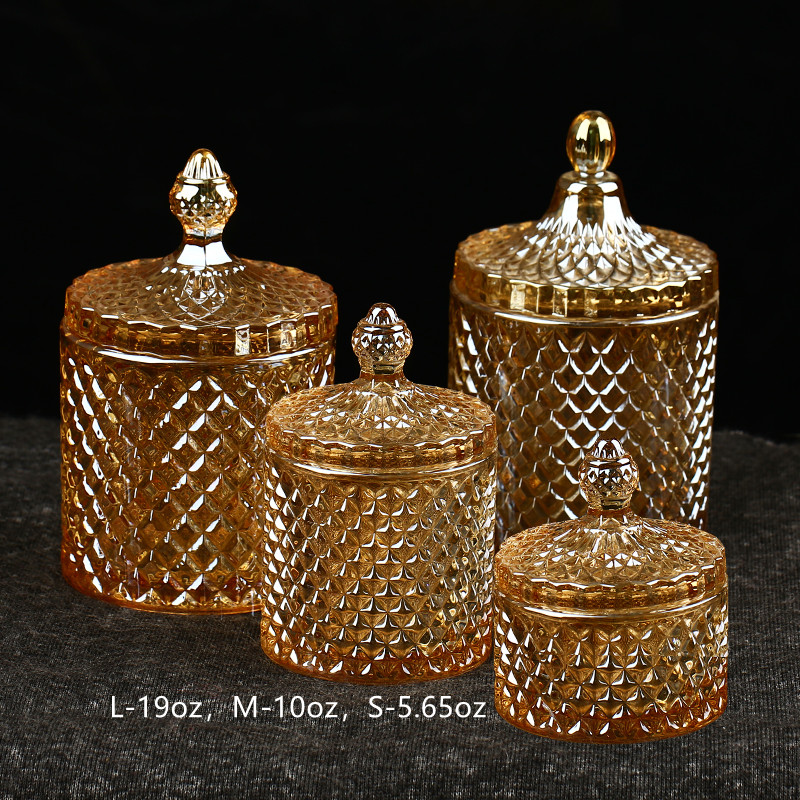 Wholesale luxury empty candle jars geo cut 10oz amber candle containers jars with lid for candle making