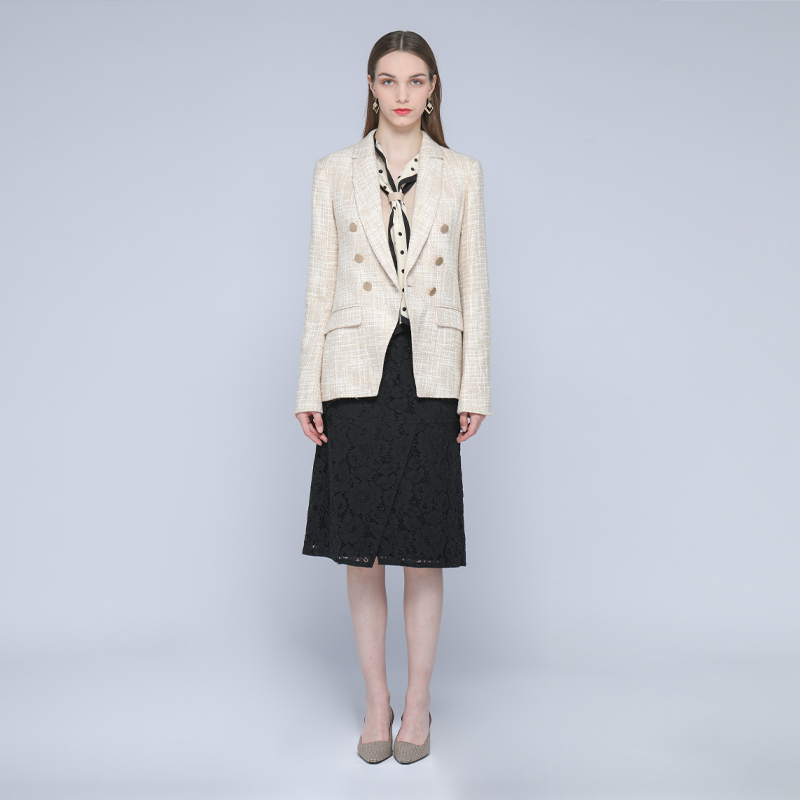 Huiquan striking ODM double breasted tweed jacket for female cotton blended tweed blazer for women
