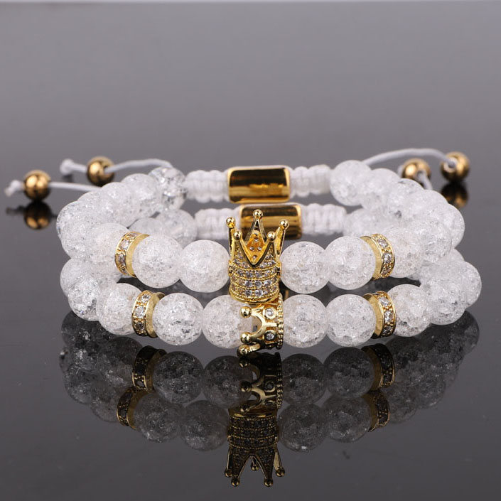Горячая продажа CZ Mirco Pave Crown Charm Crack Crystal Stone Beads ручной работы для мужчин и женщин пара макраме браслет