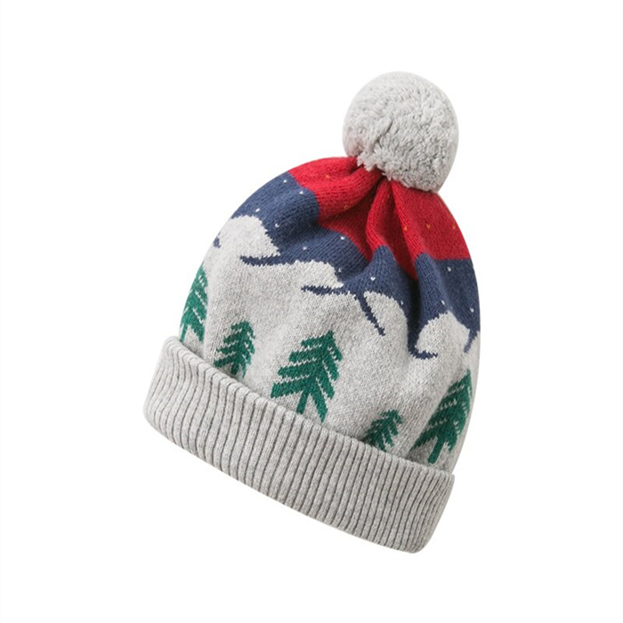 Custom Autumn Winter Unisex Baby Jacquard Knit Winter Hat Cute Pattern Pom Beanie