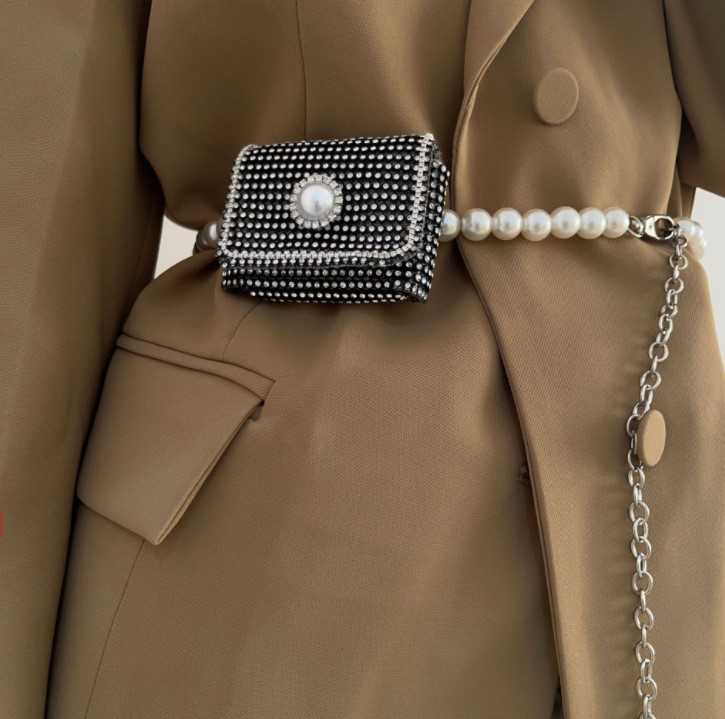 Rhinestone Mini satchel Bag Detachable chain belt Women's fashion full rhinestone small bag skirt pearl with waist chain