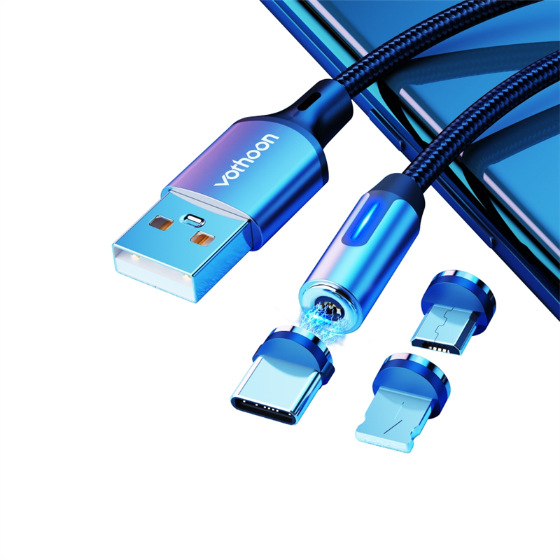 3 in 1 Magnetic Cable 2.4A iOS Type C Android Charging with LED Indicator 360 Rotation Charging Wire for iPhone