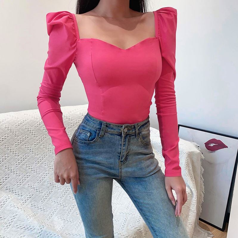 Fvshion 93906 Tops For Women 2021 Square collar top female autumn ins palace style French retro black long sleeved t shirt