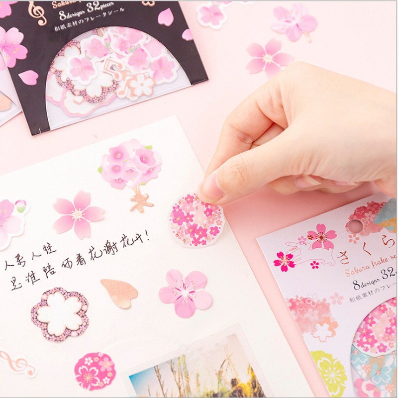 32pcs/pack Cherry Blossoms DIY Sticker Handbook Cartoon Cute Decoration Label Children Toys Diary Student Notebook Stationery
